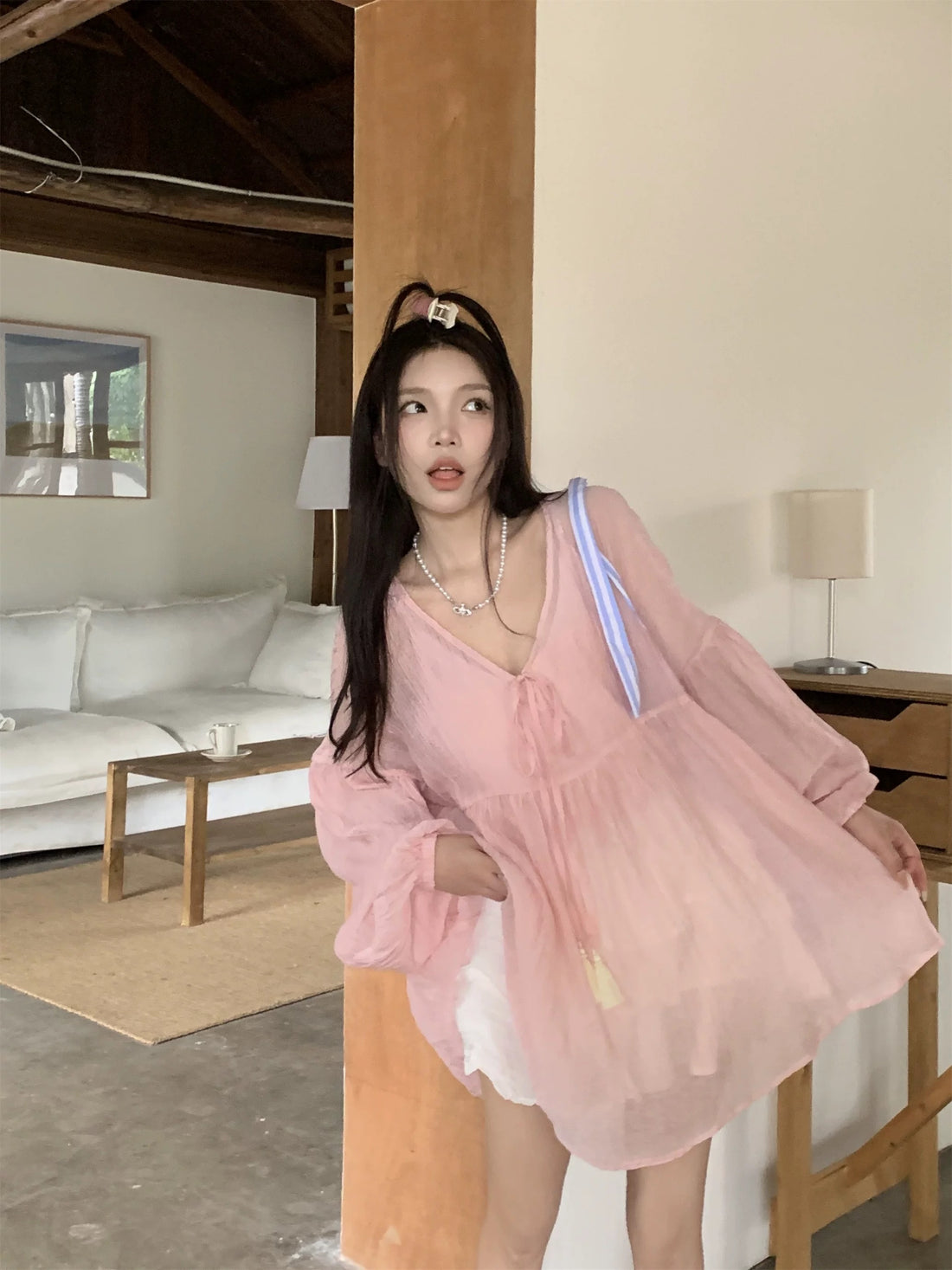Pink Chiffon Long Sleeve Top