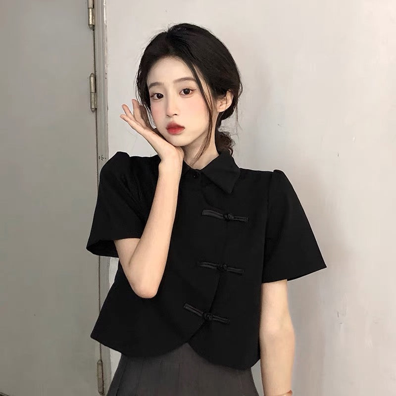 Classic Short Sleeve Cheongsam Top (Black)