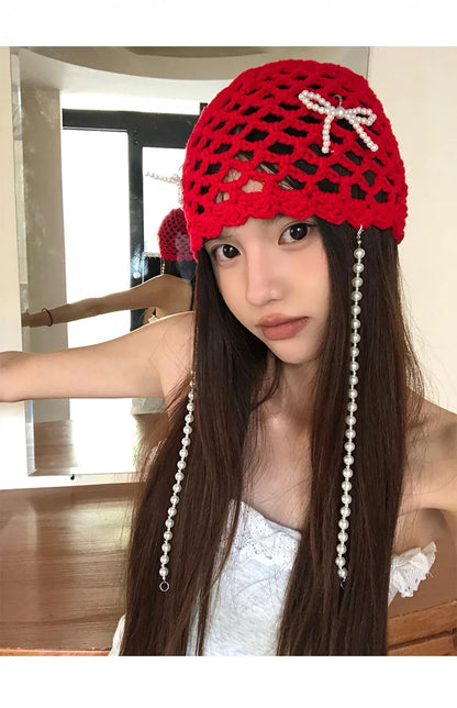 Pearl Ribbon Knitted Embroidery Hat (Red)