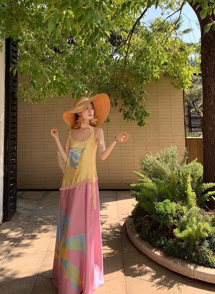 Yellow Pink Strap Long Dress