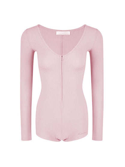 Soft Pink Round Collar Long Sleeve Romper