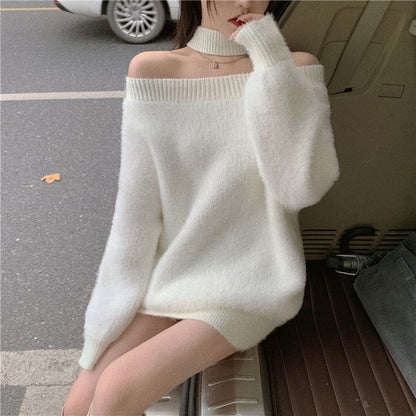 White Off Shoulder Long Sleeve Knitted Top