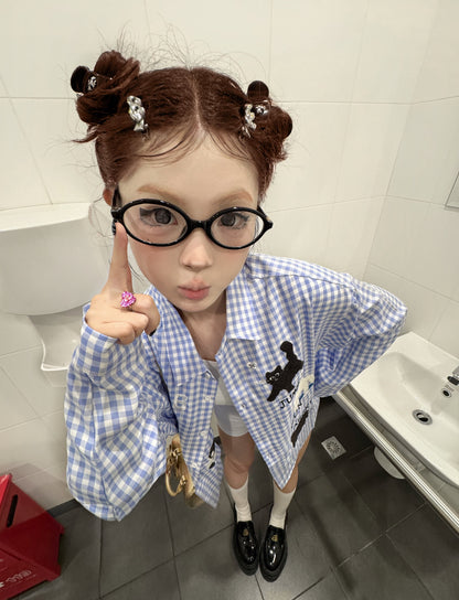 Cute Print Ginham Long Sleeve Shirt (Blue, Yellow)