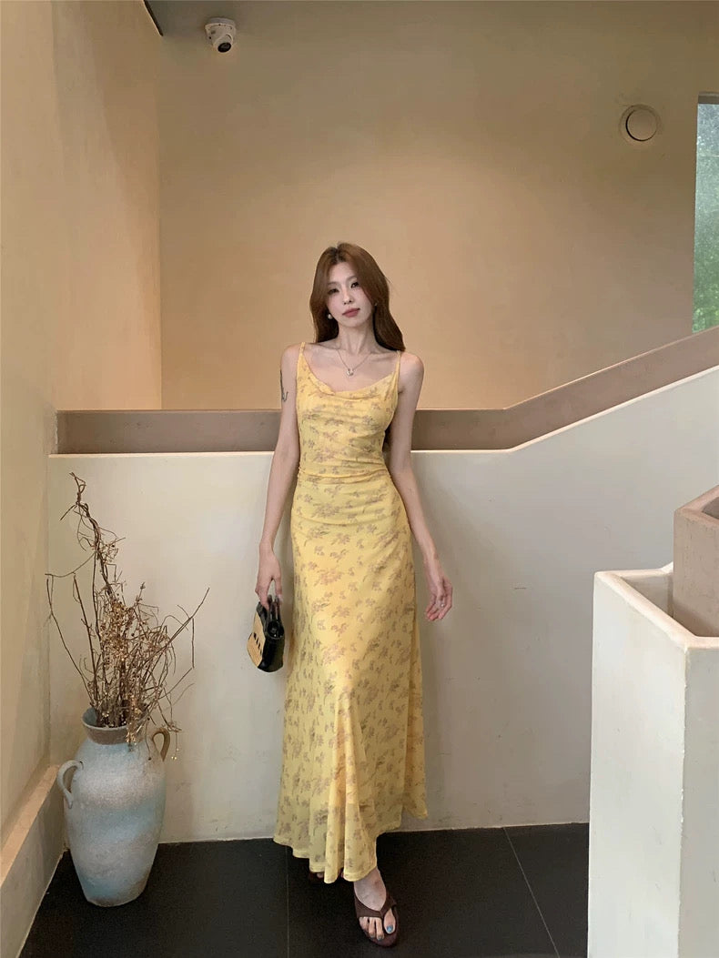 Mini Floral Yellow Mesh Maxi Dress