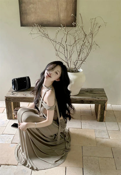 Milk Tea Off Shoulder Top + Long Skirt + Strap Three Pieces Set