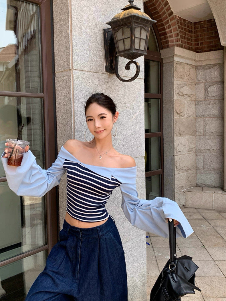 Stripe Long Sleeve Off Shoulder Top