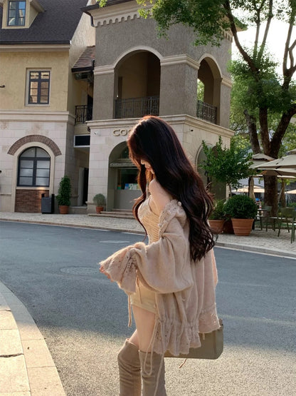 Lantern Sleeve Knitted Cardigan Top