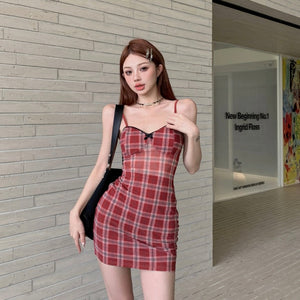 Vintage Grid Red Mesh Strap Dress (S)