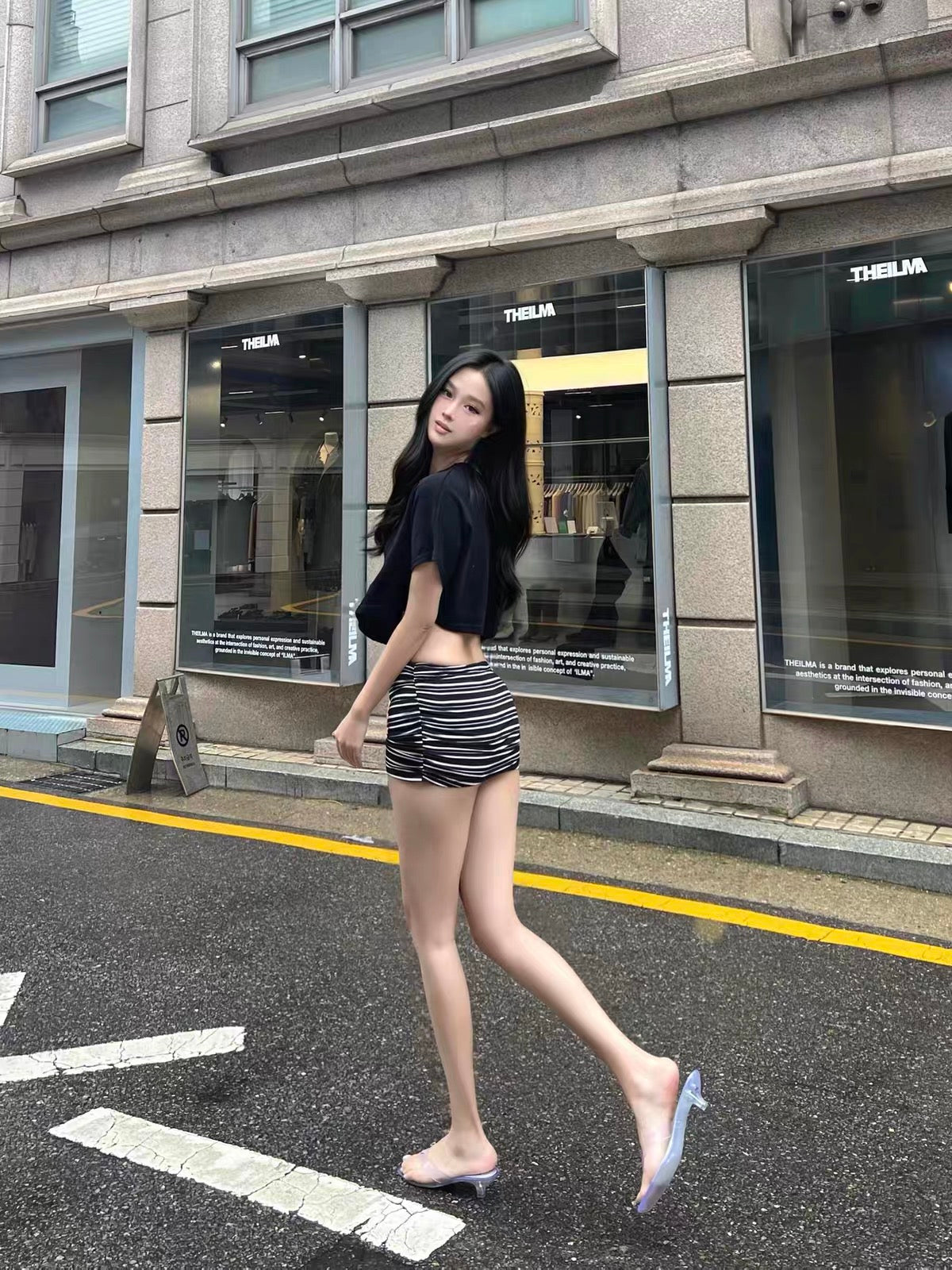 Black Top + Stripe Shorts Skirt Set