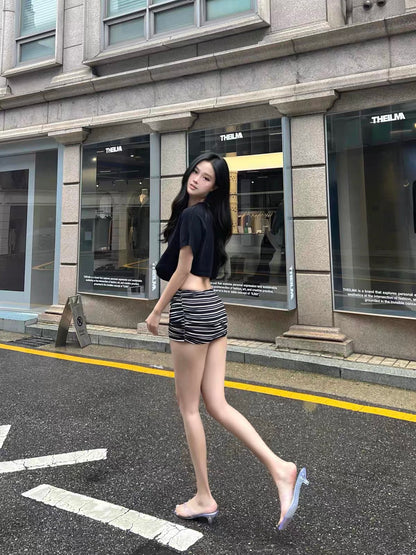 Black Top + Stripe Shorts Skirt Set