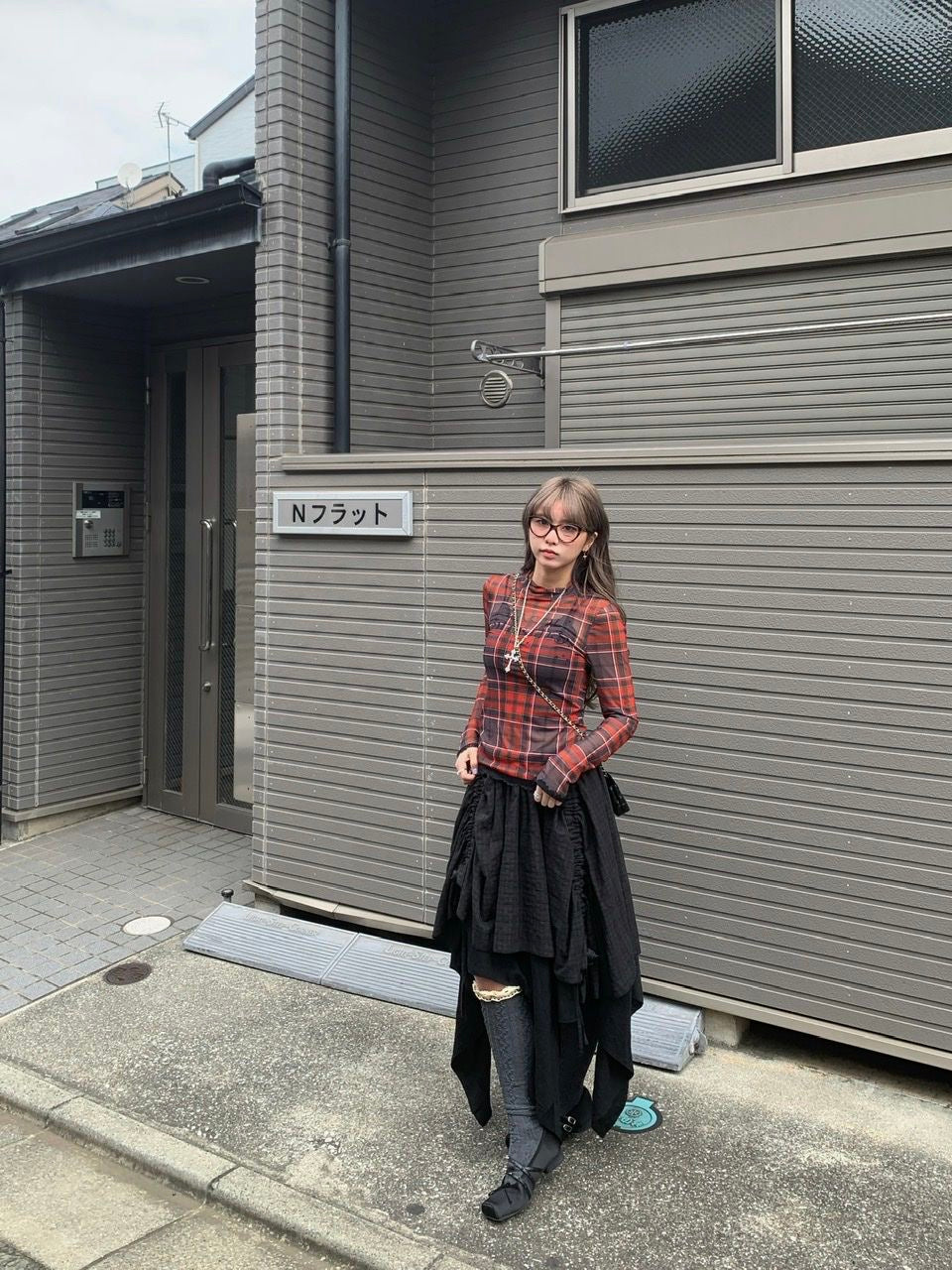 Mesh Grid Red Long Sleeve Top