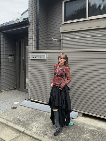 Mesh Grid Red Long Sleeve Top
