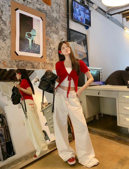 Red Short Sleeve Knitted Cardigan
