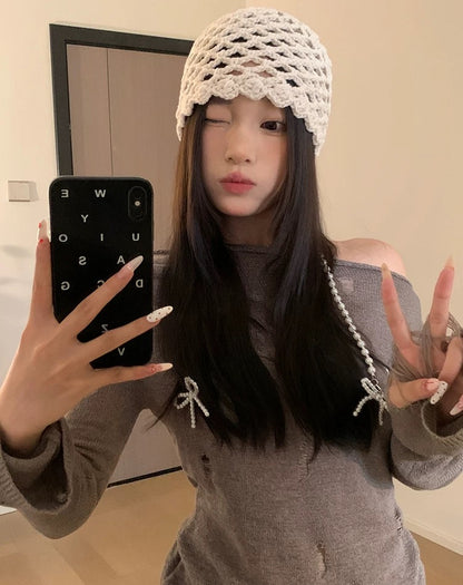 Pearl Ribbon Knitted Embroidery Hat (Red)