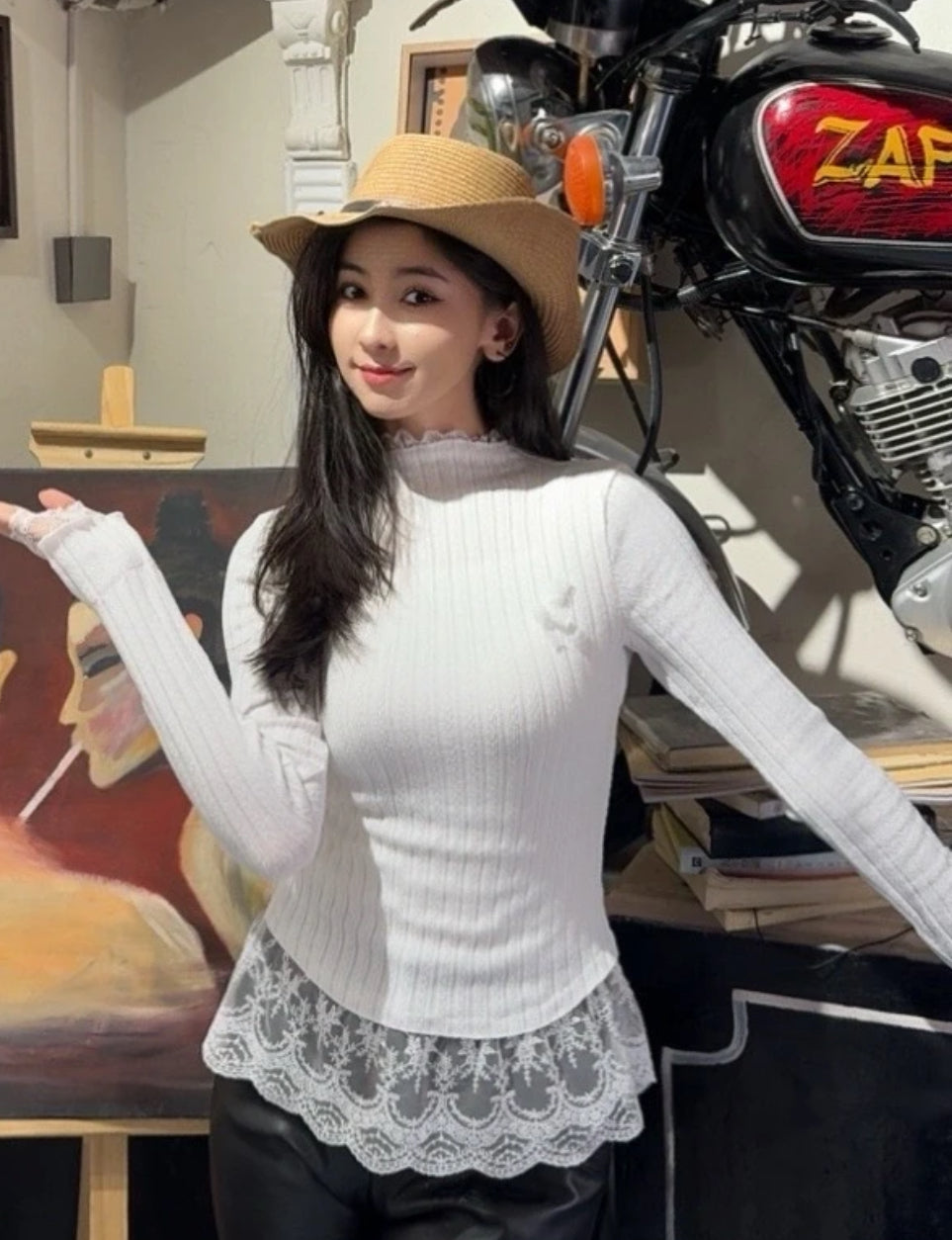 White Lace Long Sleeve Knitted Top