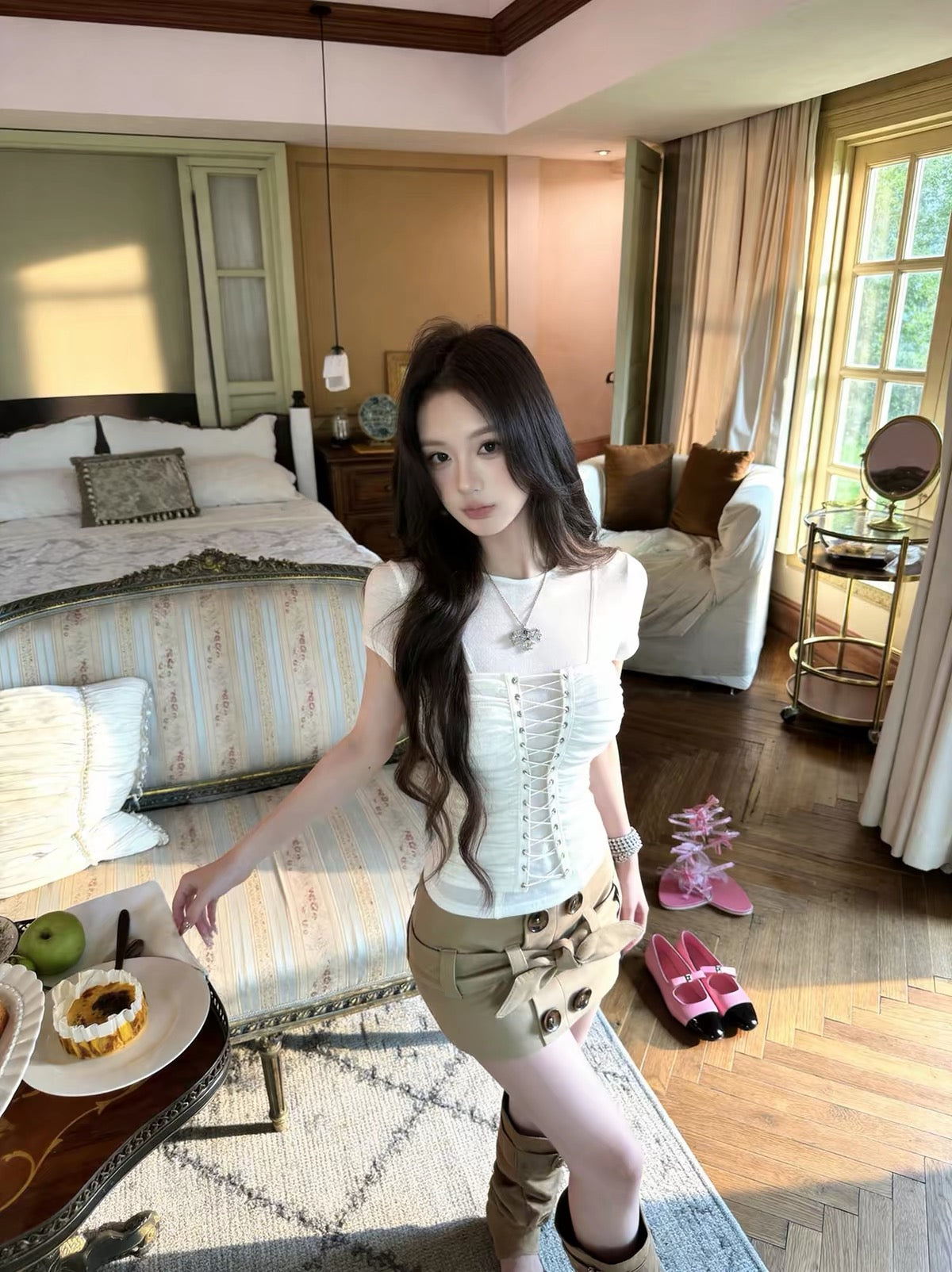 Classic Lace Up Waist Top (White, Grey, Black)