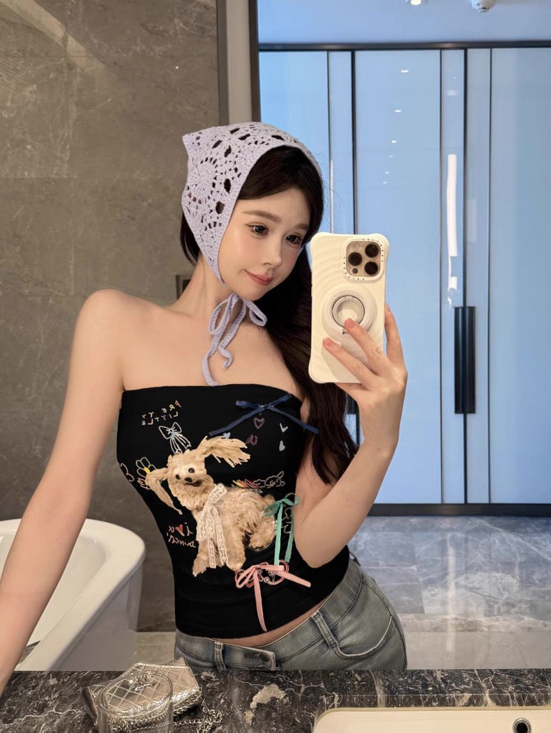 Cute Puppy Black Tube Top (S)