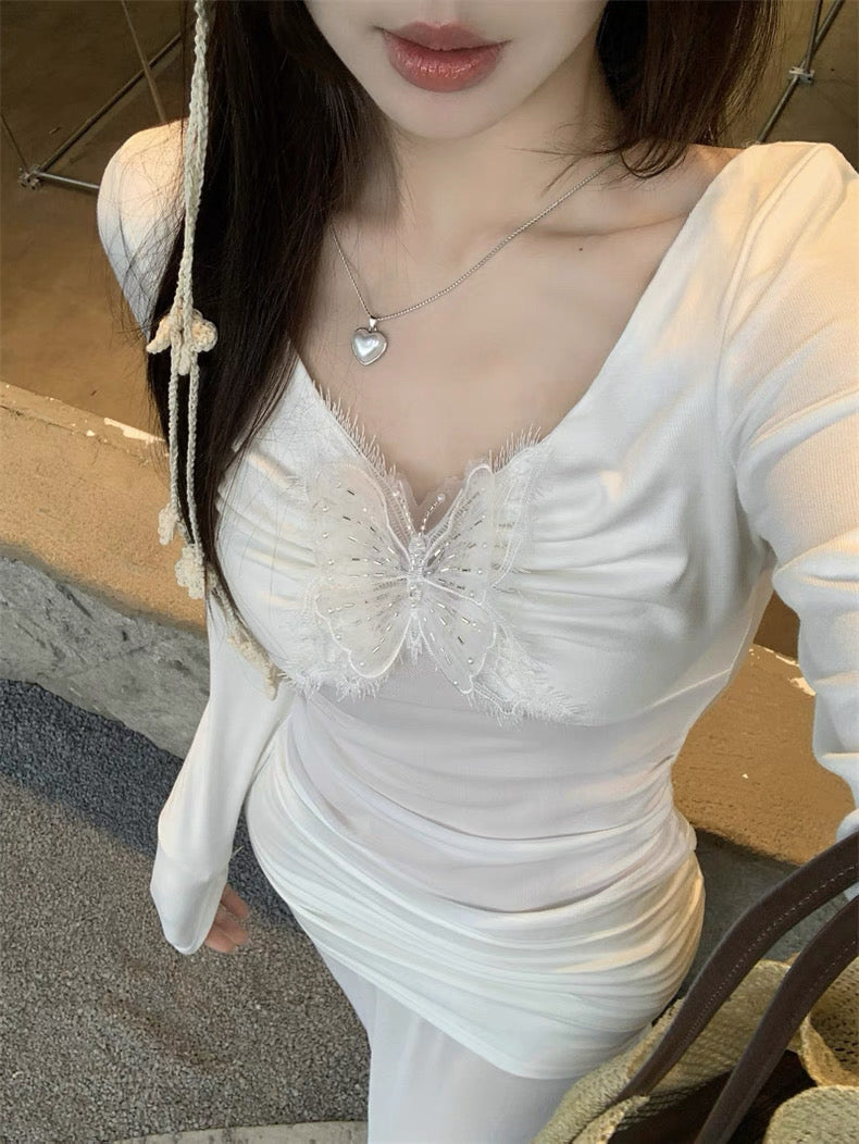 White Butterfly Mesh Long Sleeve Top