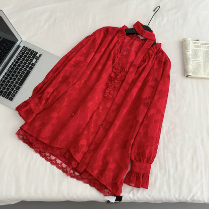 V Collar Lantern Sleeve Thin Top (Black, Red)