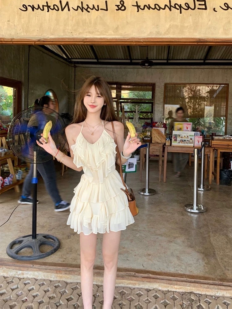 Beige Bareback Layered Dress