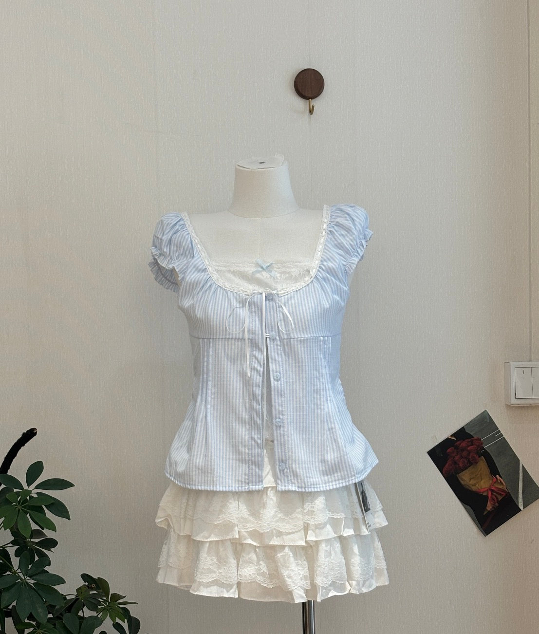 Blue Mix White Stripe Top (S,M)