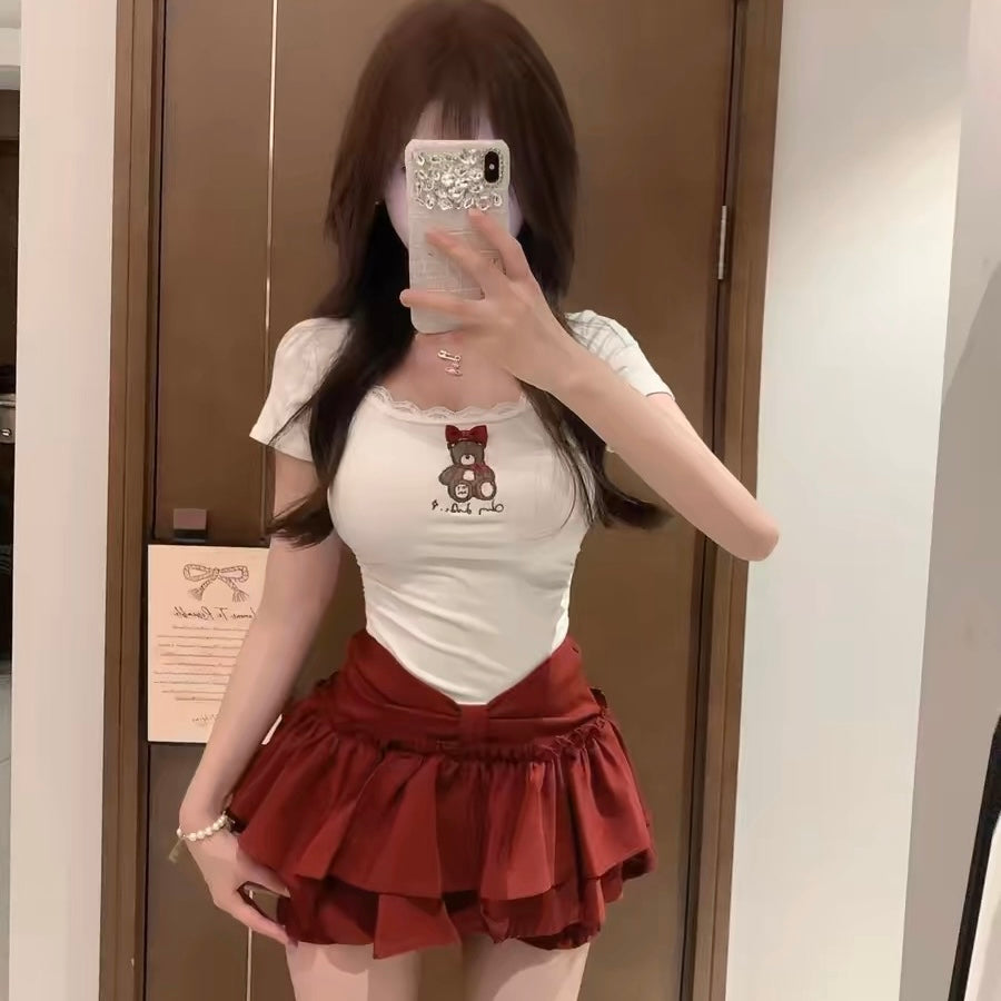 Wine Red Bow Middle Waist Puff Latern Skirt Short SK24 (S, M)