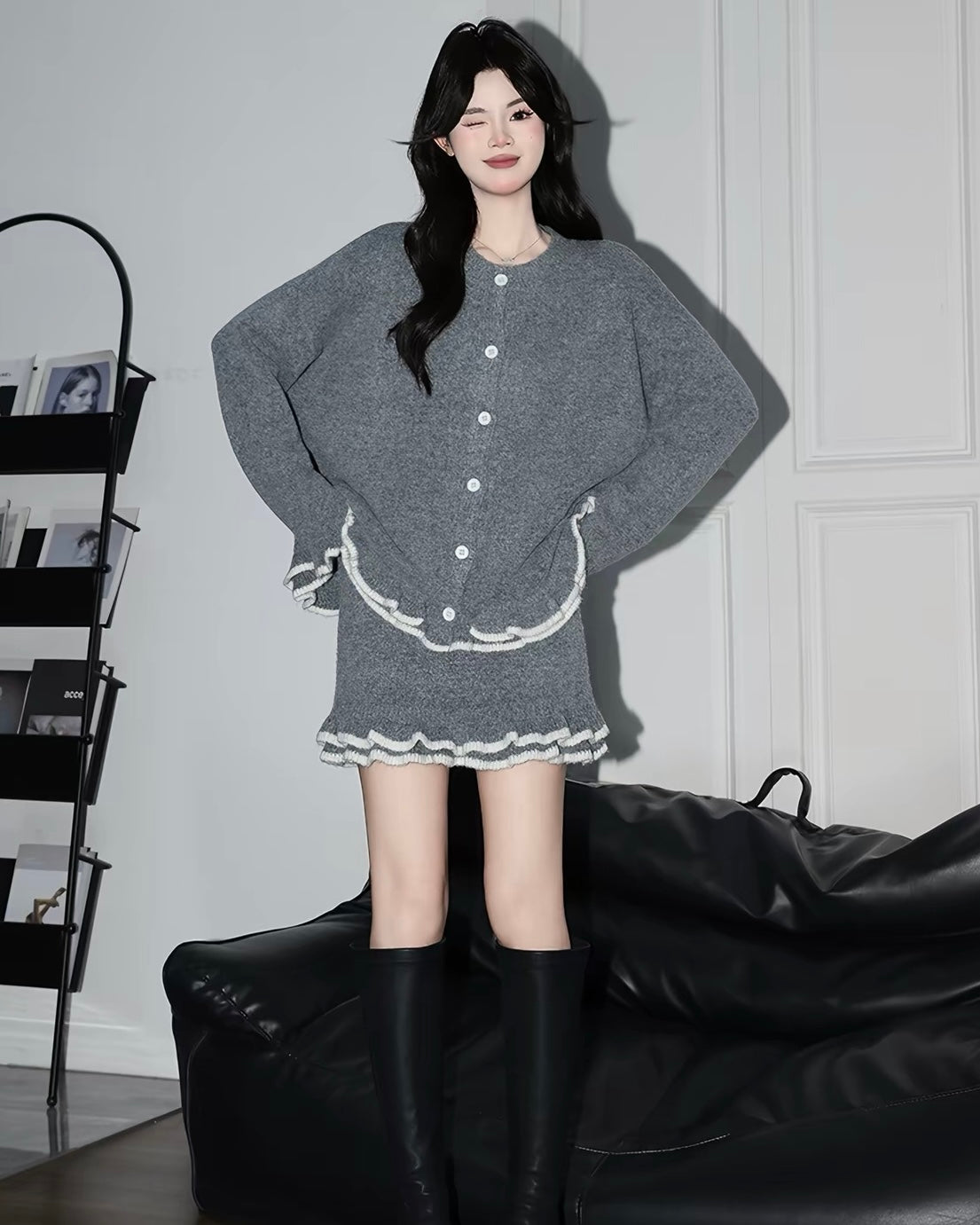 Grey Knitted Top + Skirt Two Piece Set