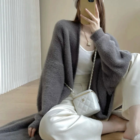 Amelia Fuzzy Long Cardigan Top/ Outerwear （Cream, Pink, Grey)