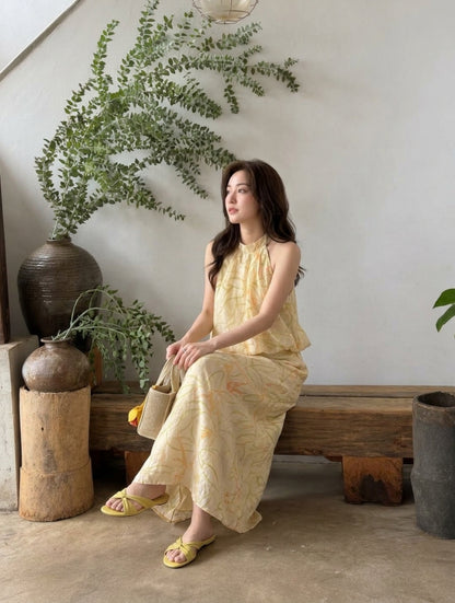 Yellow Floral Top + Long Skirt Two Piece Set