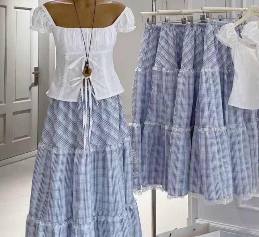 White Top + Blue Long Skirt Two Piece Set