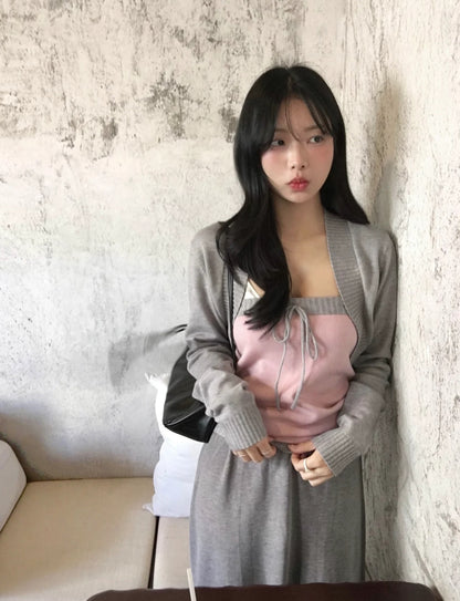 Pink Grey Top + Cardigan Two Piece Set