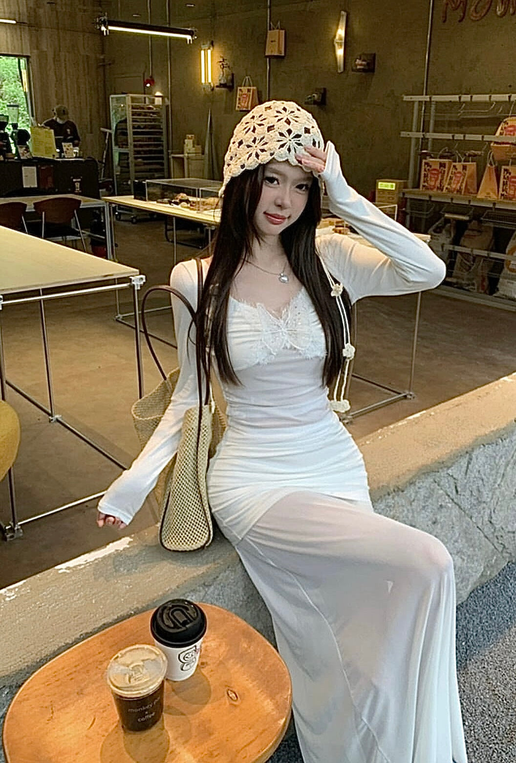 Cream White Mesh Long Skirt (S, M)