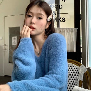 Fuzzy V Collar Blue Long Sleeve Top