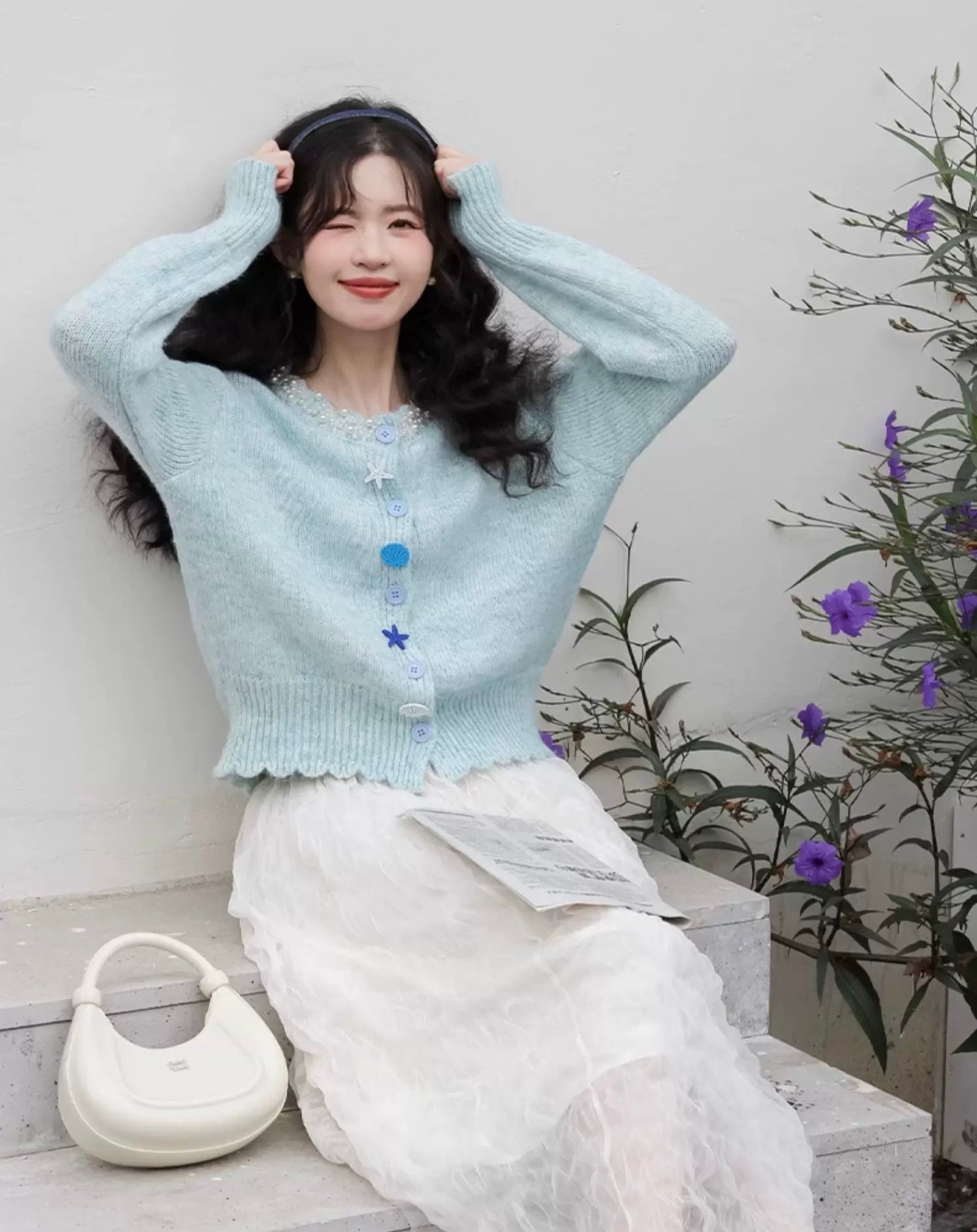 Blue Seashell Pearl Knitted Cardigan Top