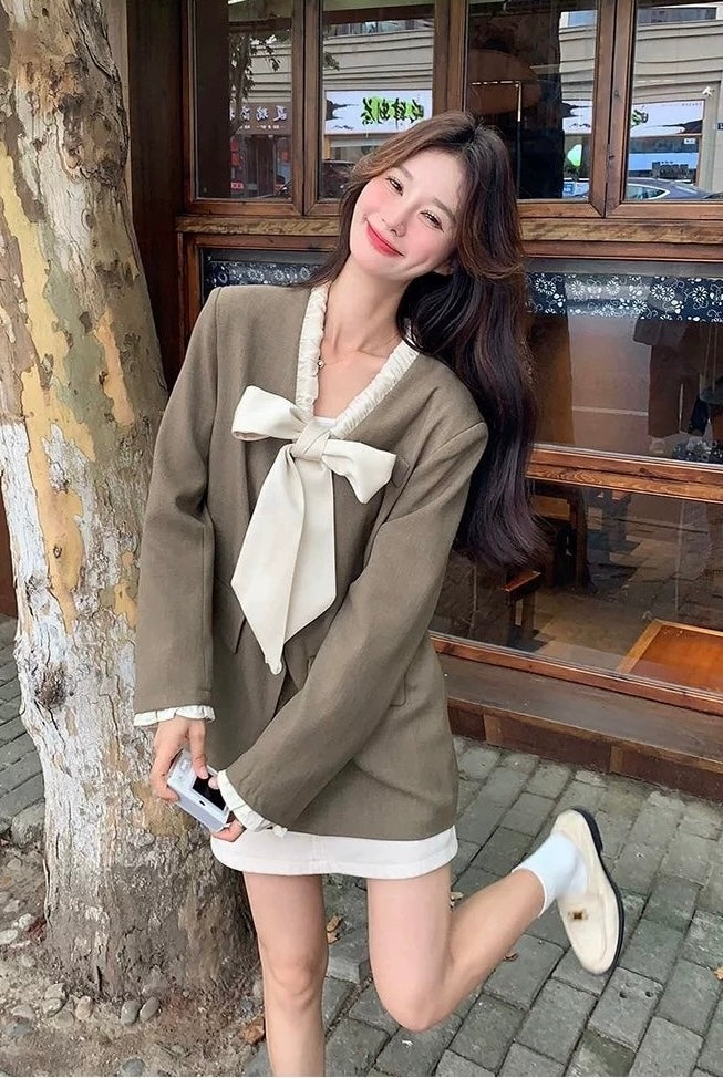 Khaki Ribbon Collar Blazer