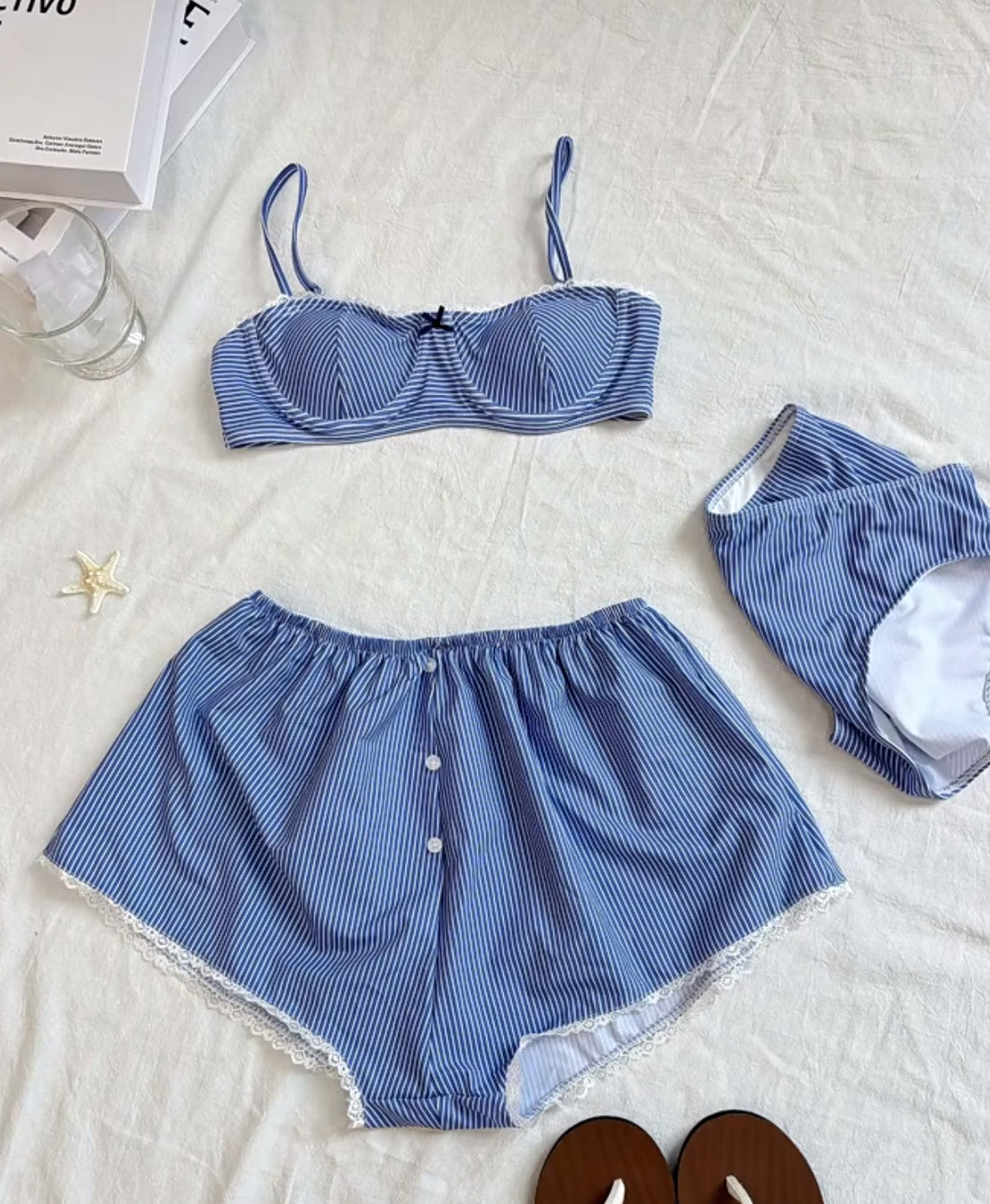 Blue Stripe Bikini + Shorts Two Pieces Set