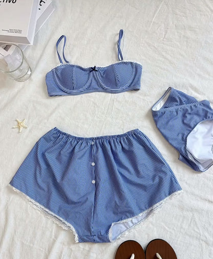 Blue Stripe Bikini + Shorts Two Pieces Set