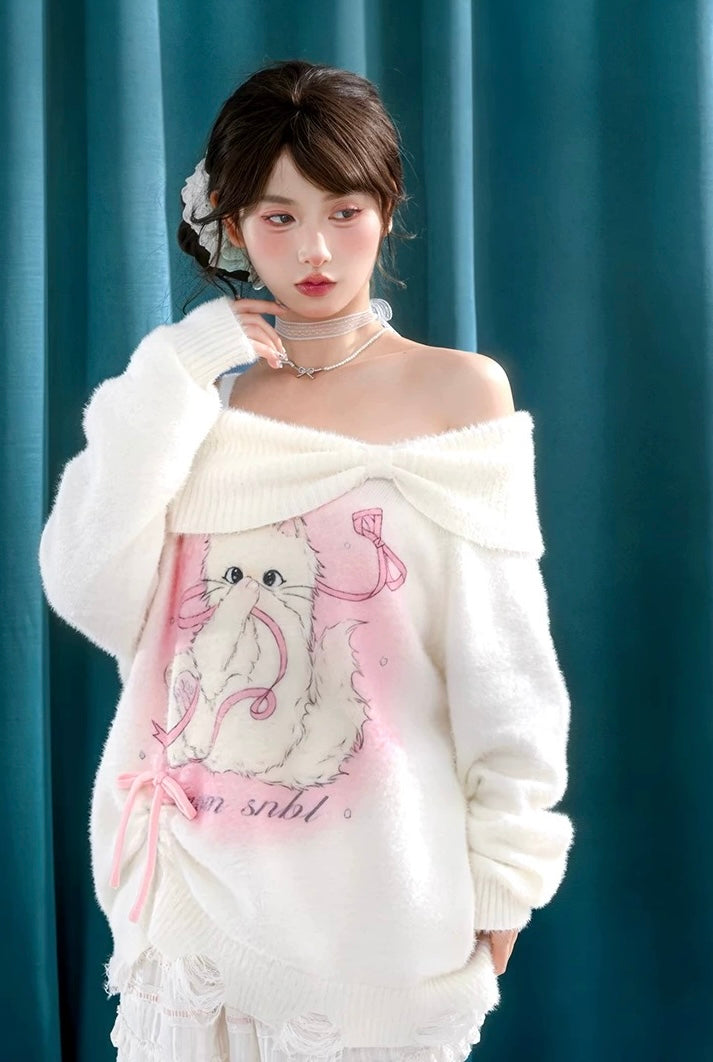 Off Shoulder White Pink Kitty Knitted Top