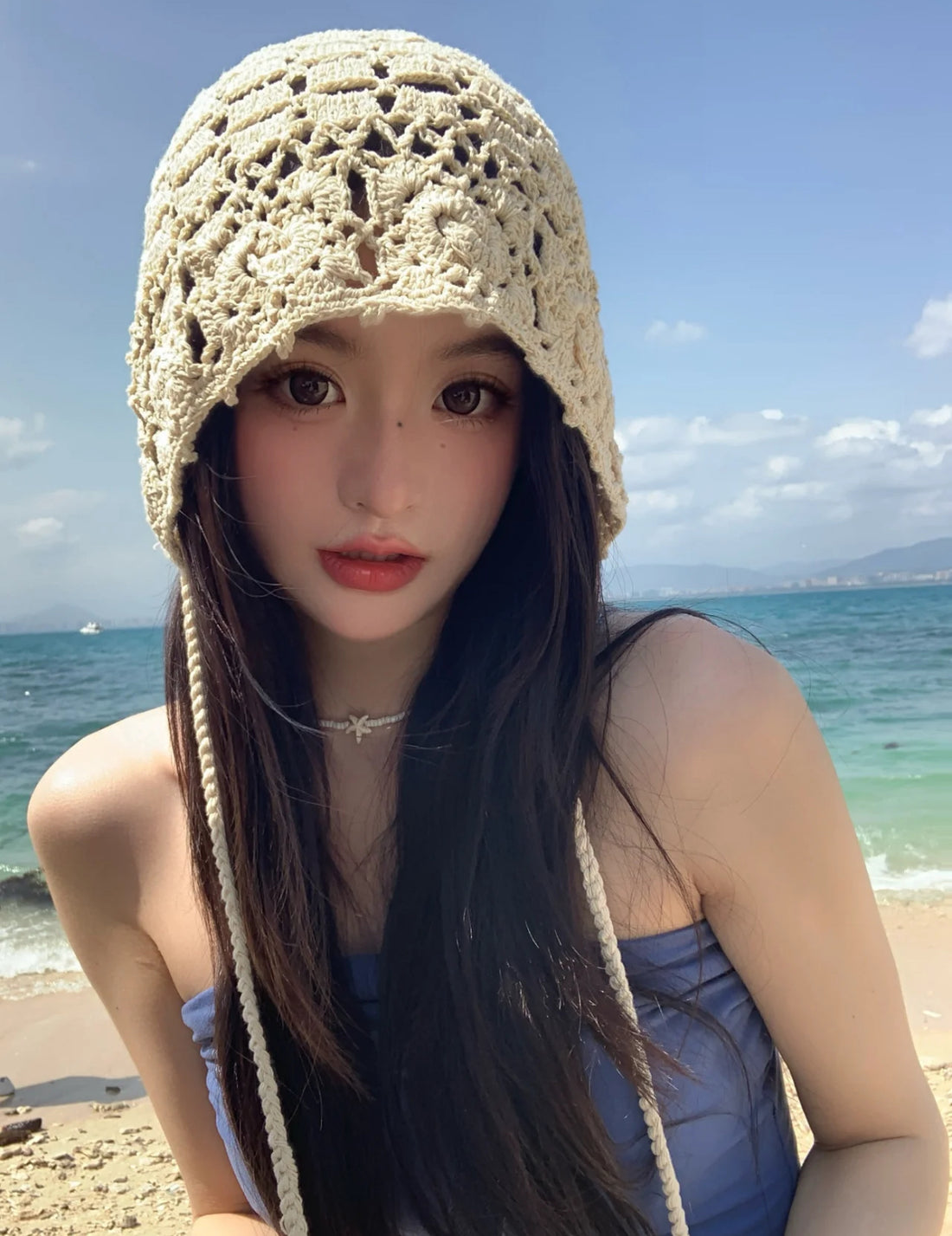 H34 Big Beige Strap Knitted Embroidery Hat