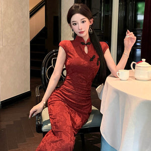 Traditional Brick Red Cheongsam Long Dress (S, M)