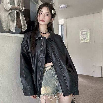 Thin PU Leather Oversize Jacket (Brown)