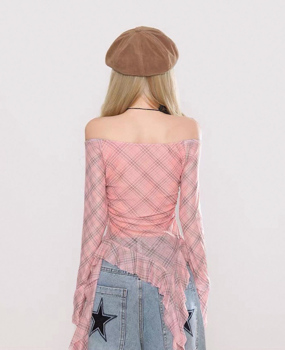 Grid Star Off Shoulder Long Sleeve Mesh Top
