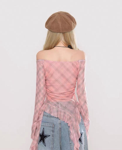 Grid Star Off Shoulder Long Sleeve Mesh Top