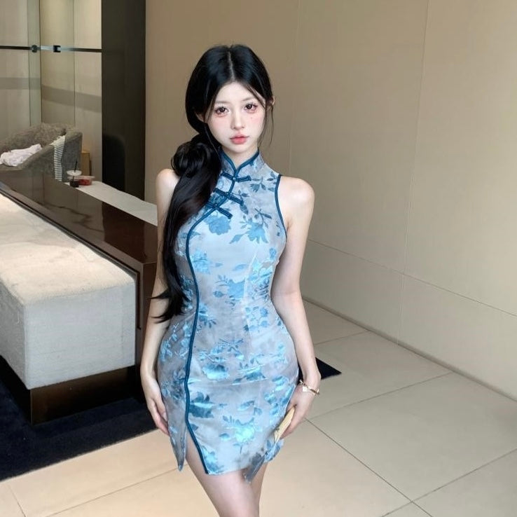 Sleeveless Blue Cheongsam Dress