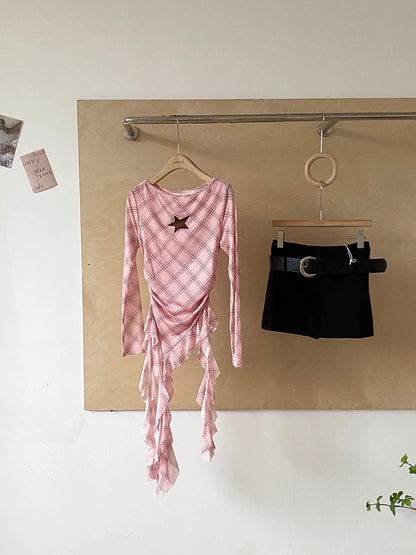 Grid Star Off Shoulder Long Sleeve Mesh Top