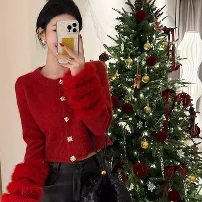 Furry Sleeve Knitted Red/ Cream Cardigan Top