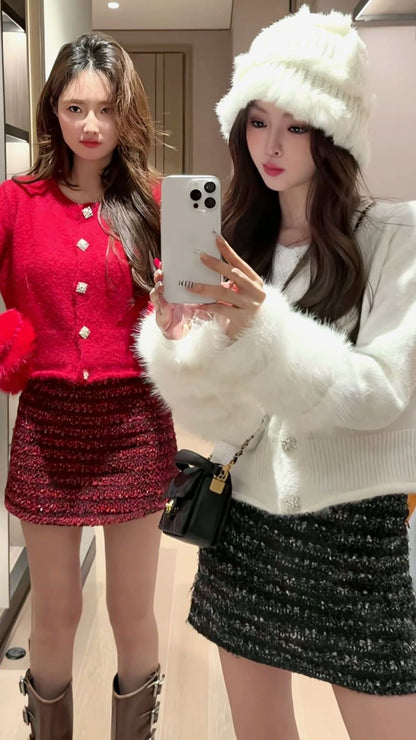 Furry Sleeve Knitted Red/ Cream Cardigan Top