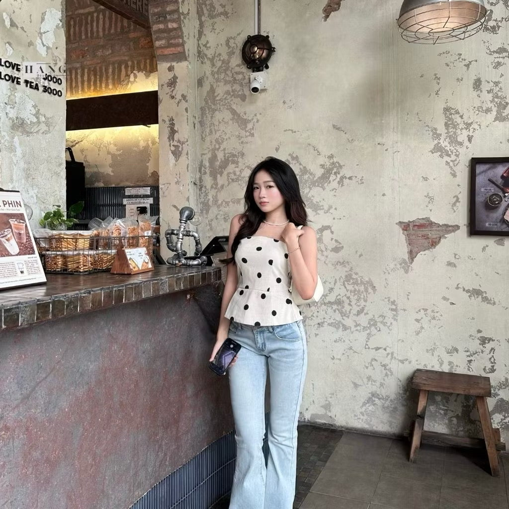 T011 Black Dot Brown Tube Top