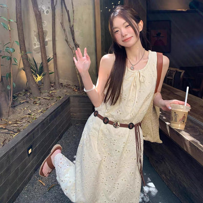 U Collar Embroidery Long Dress (Beige, White)