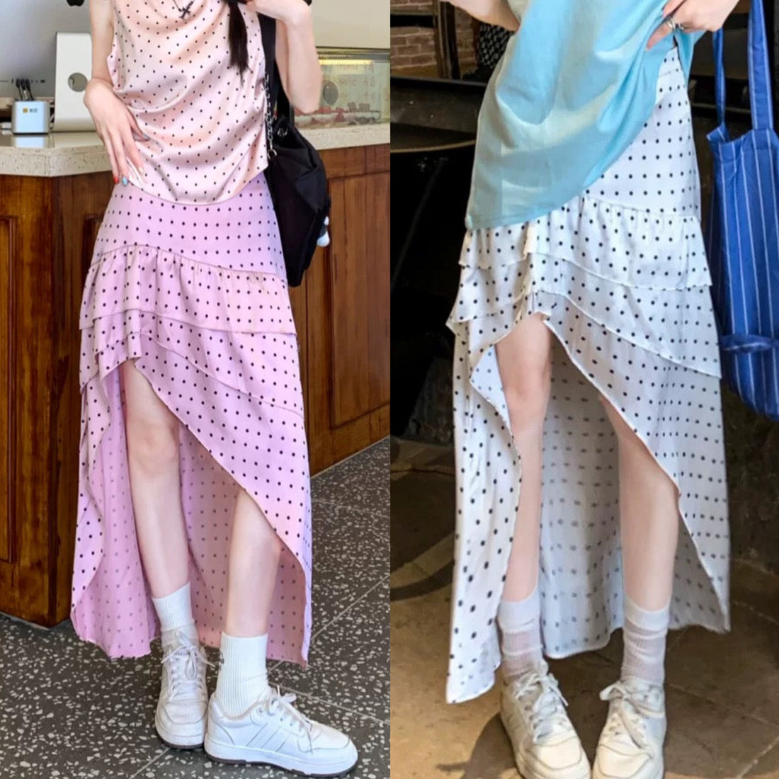 Unequal Polka Dot Silk Skirt
